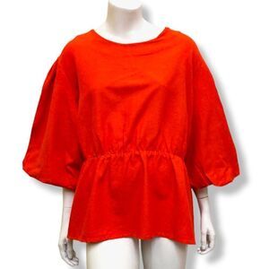 Simply Be Mandarin Red Balloon Sleeve Cotton Blend Plus Size Peplum Top